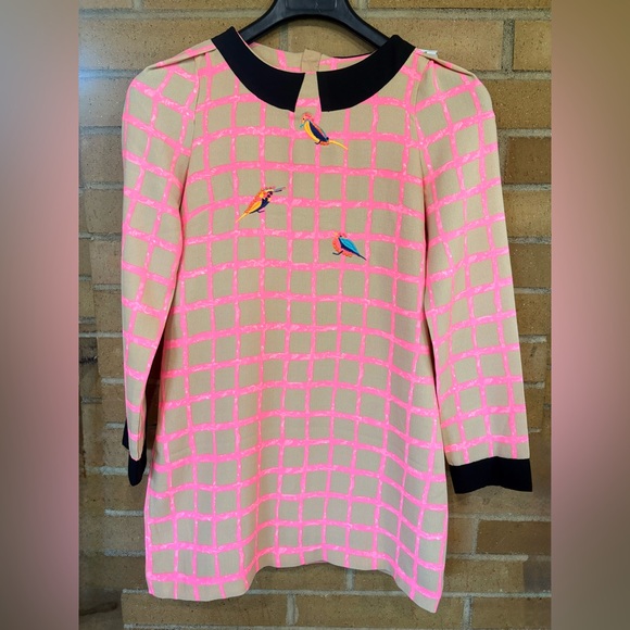 🧶LILY Pink & Beige Grid Shift Dress with Embroidered Birds - Size S - Picture 3 of 14